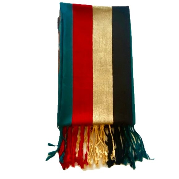 Pashmina Scarf Bold Stripes & Pattern Turquoise Red Navy Tan Gold Fringe EUC - Picture 2 of 7
